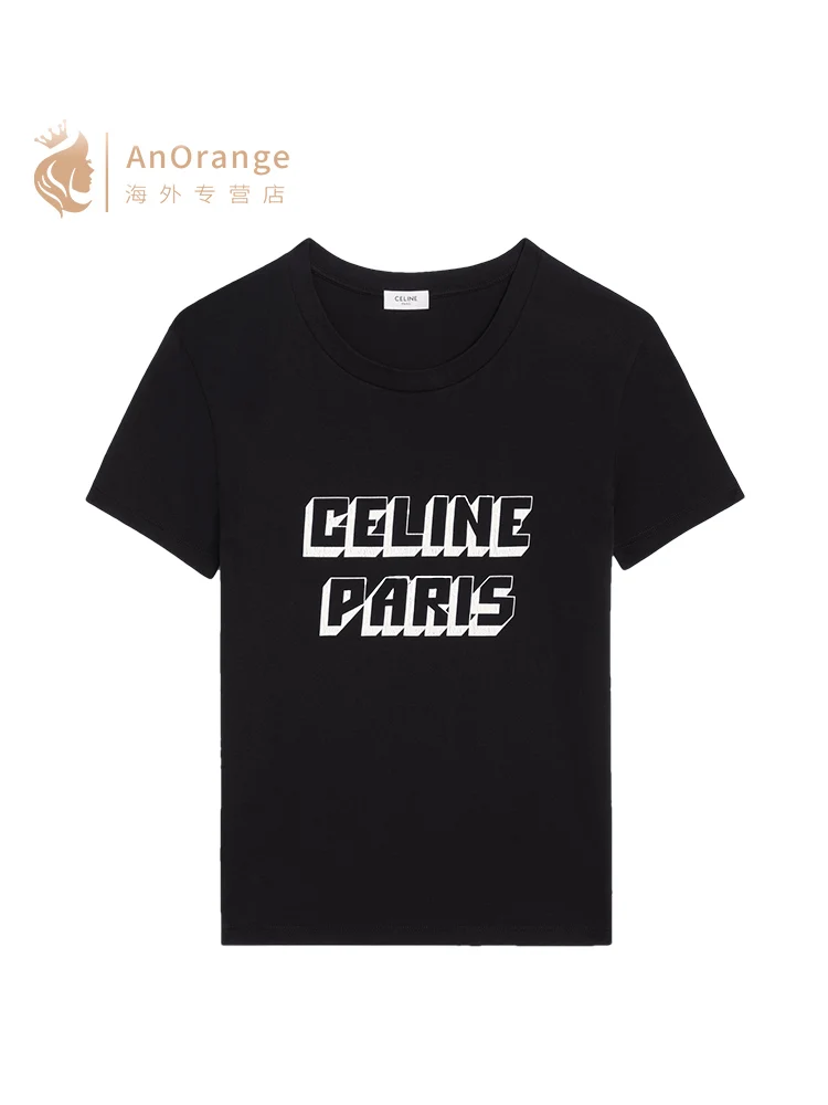 2025 clothes Celine/Celine Men's Short Sleeve Cotton Plain Weave Knit Printed Close-fitting T-Shirt Black Spring/Summer 2025 New