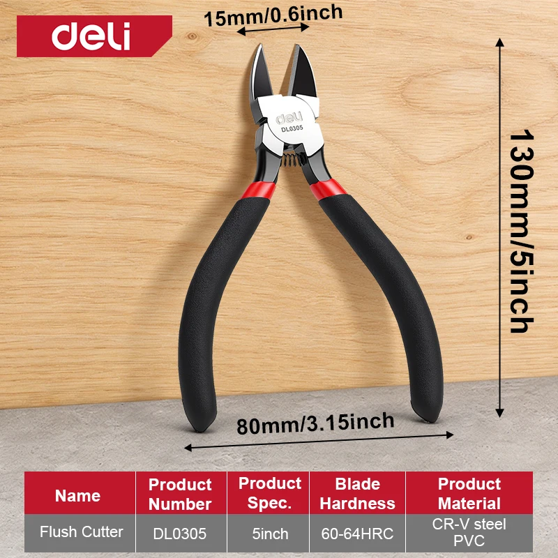 Deli Industriële Diagonaal Tang 55 #   Hoogwaardige koolstofstalen scherpe kantknippers met TPR-handvat, elektriciensgereedschap, 5/6 inch kunststof knippers