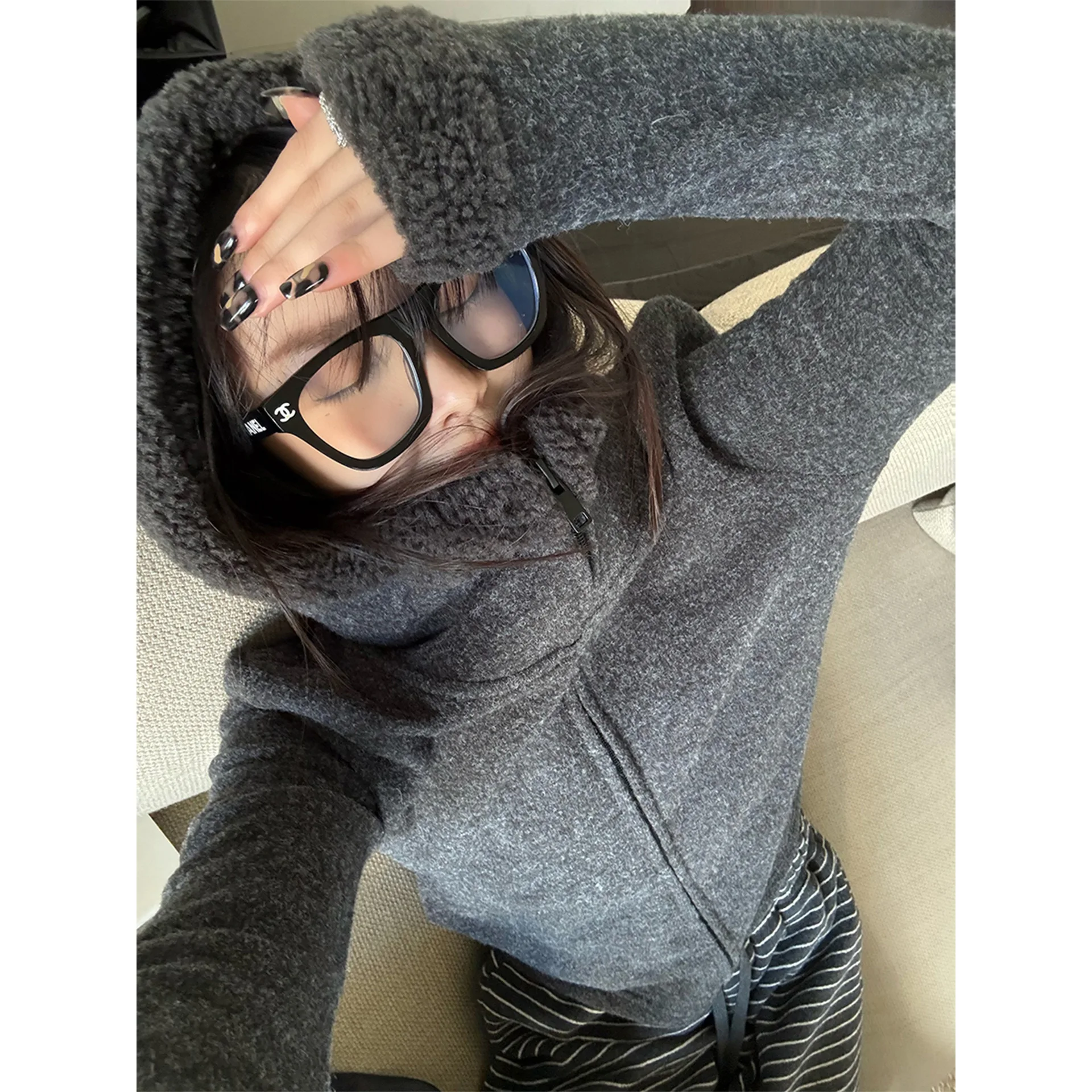 Women's New Lamb Wool Double-sided German Velvet Skin Friendly Hooded Sweatshirt Universal Regular Sleeve Sweatshirt Solid Color