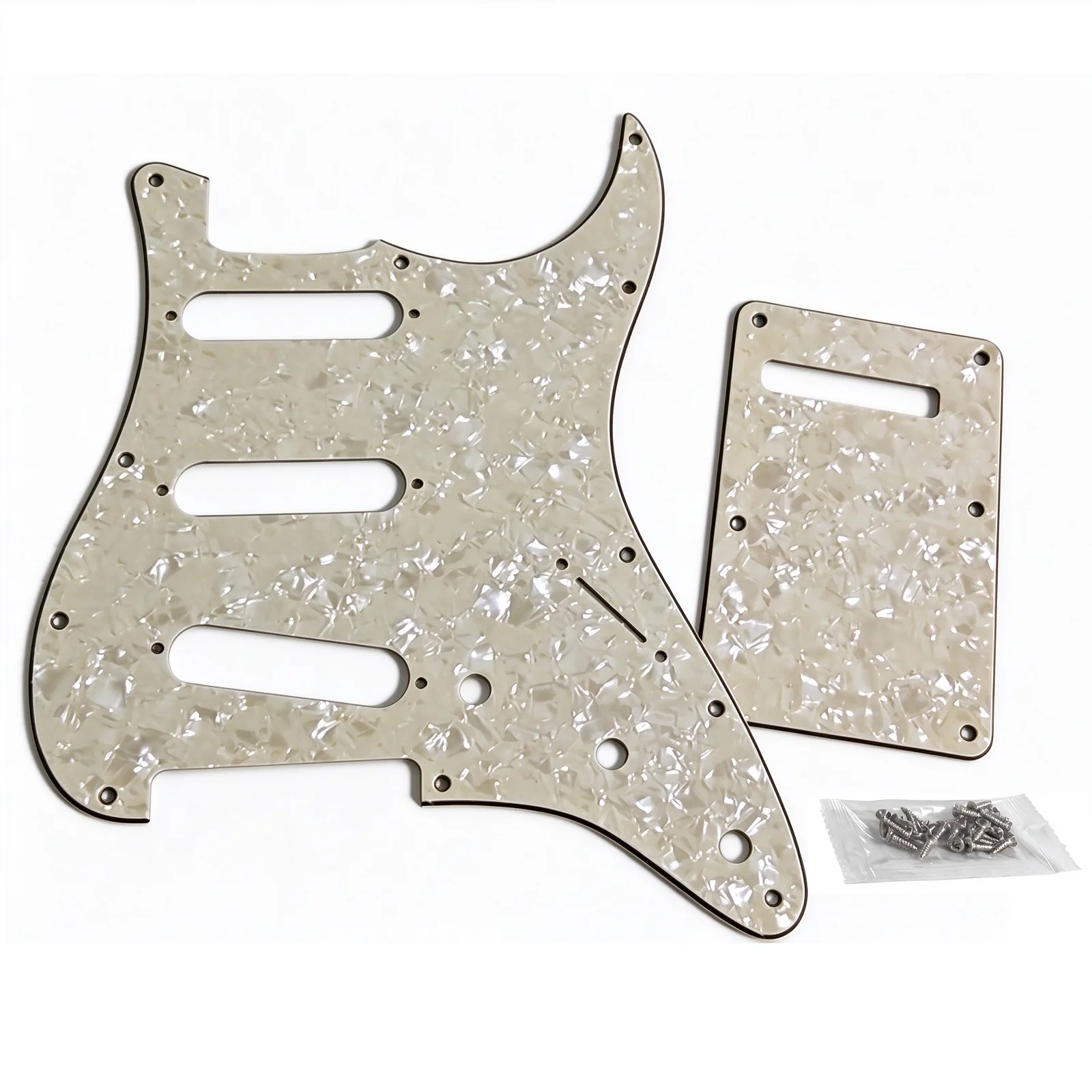 FLEOR ST Guitar Pickguard 11-Hole SSS Back Plate Set with Mounting Screws,Aged Pearl 4Ply