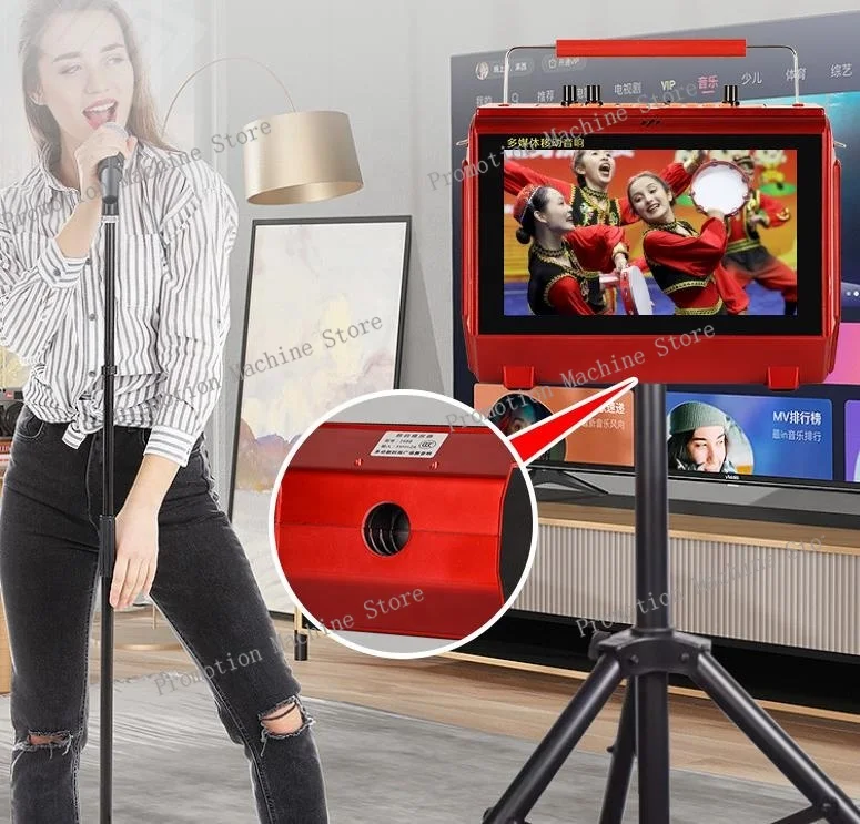 آلة الكاريوكي مع شاشة عرض كلمات مكبر صوت بلوتوث محمول مع 2 ميكروفون قابل لإعادة الشحن فيديو خارجي تلفزيون 20 واط مكبر صوت