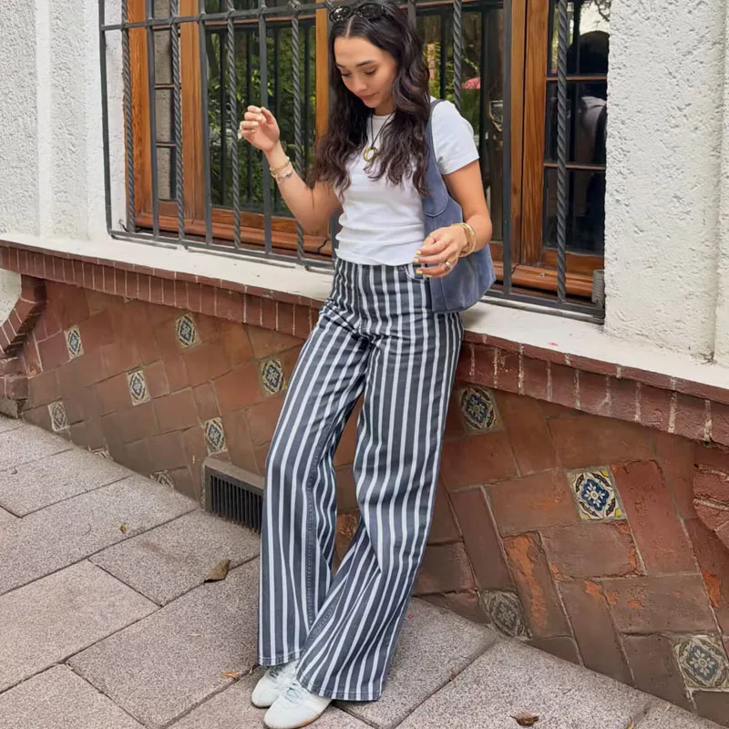 HXAO Striped Women's Jeans Baggy Wide Leg Jeans For Woman Blue White Zip Up Button Denim Pants Casual Streetwear Long Trousers