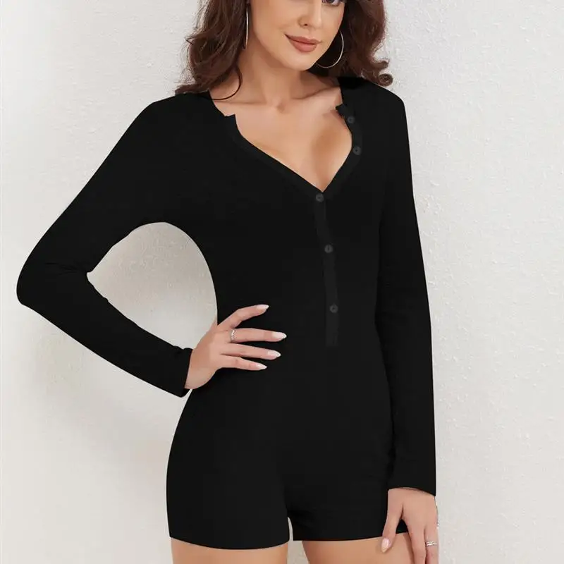 

Sexy Tight One-Piece Suit for Women V-Ne Long Sve Button Design Autumn New Arrival Faionable Mid-Waist Five-Quarter Pants