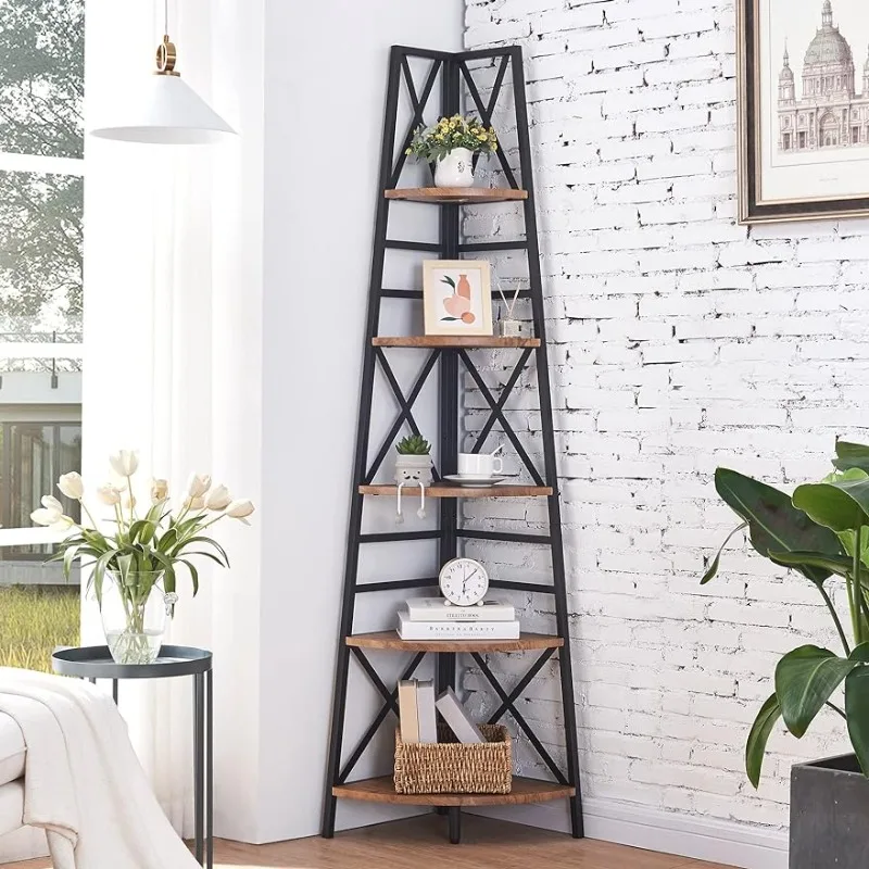 HOMBAZAAR Corner Shelf,5-Tier Freestanding Corner Bookshelf,Tall Corner Ladder Shelf with Metal Frames