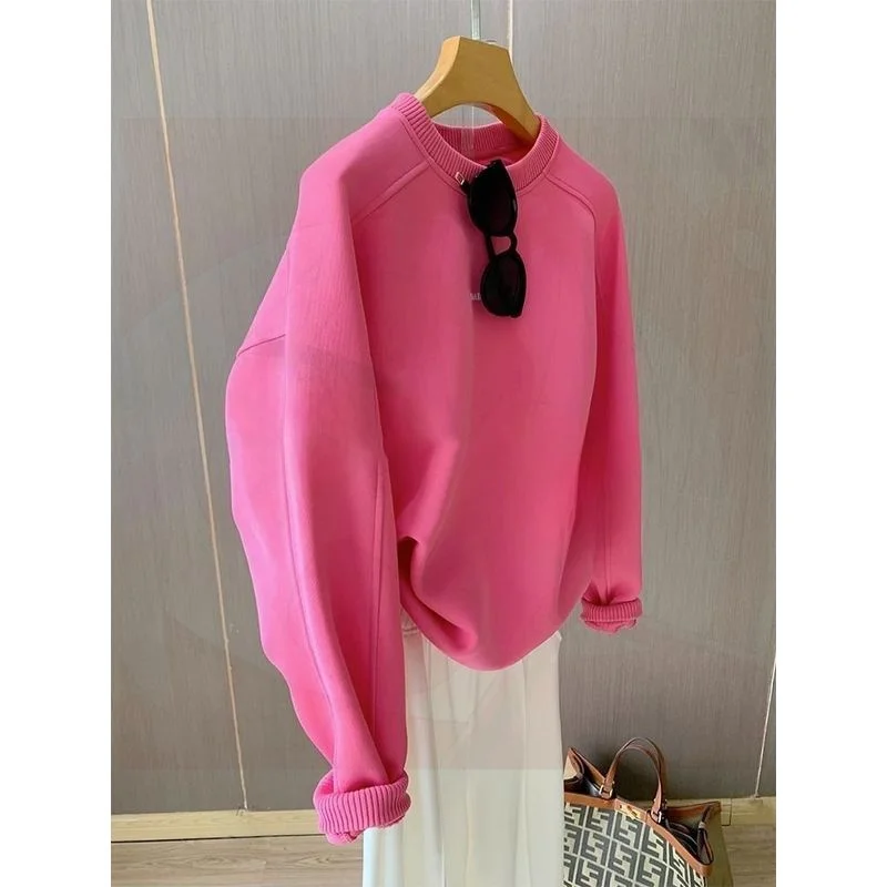 

Fleece Lined Pink Sweatshirt Women's Lazy Style round Neck Printed 2024 Autumn New Versatile Trendy Top Ins
