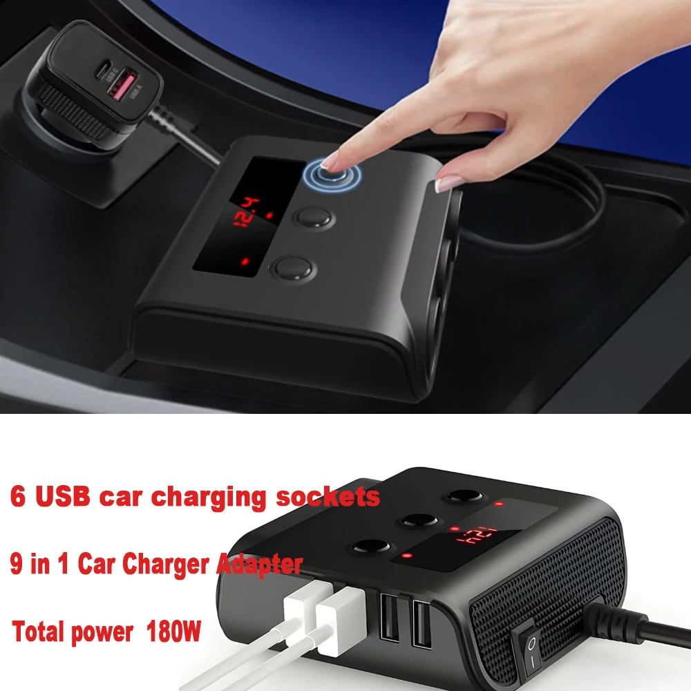 9 in 1 Cigarette Lighter Adapter, Car Charger Adapter with Independent Switches and LED Voltage Display for All Car Devices