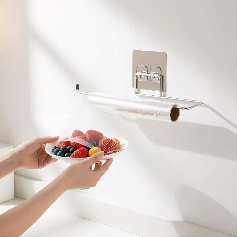 Kitchen Organizer Plastic Wrap Holder with Double Stainless Steel Hooks Wall Mounted Easy Install for Home Storage