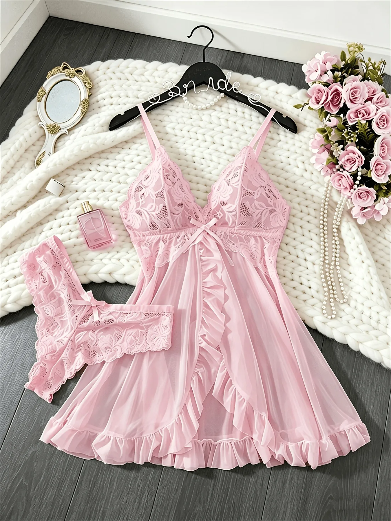 Women's Lace V Neck Slip Nightdress and Matching Briefs Set Adjustable Straps Ruffle Hem Polyester Elastane Sleepwear