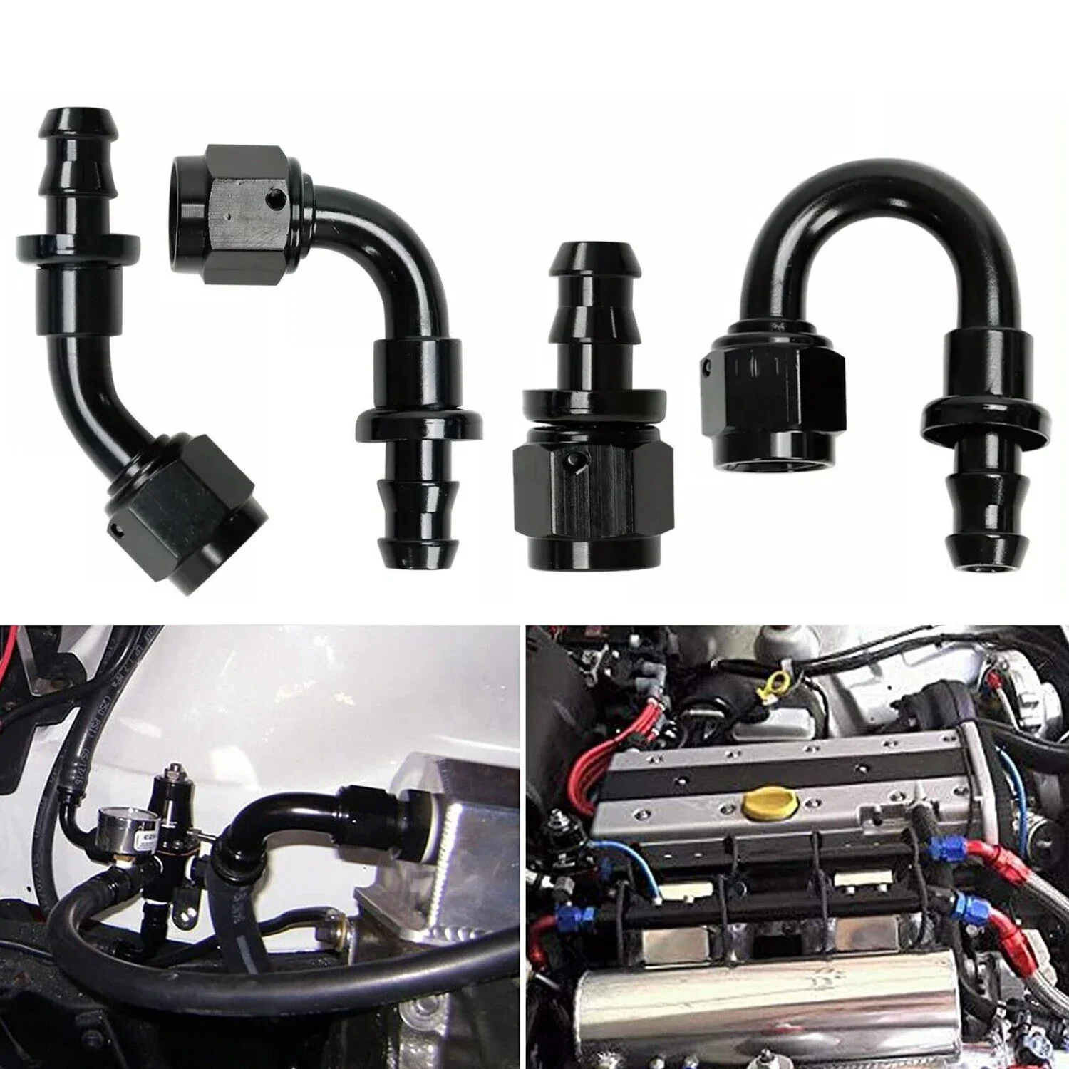 Black Straight 45 90 180 AN4/AN6/AN8/AN10/AN12 Push Lock Fuel Hose End Fitting for Fuel Gas Line Adapter