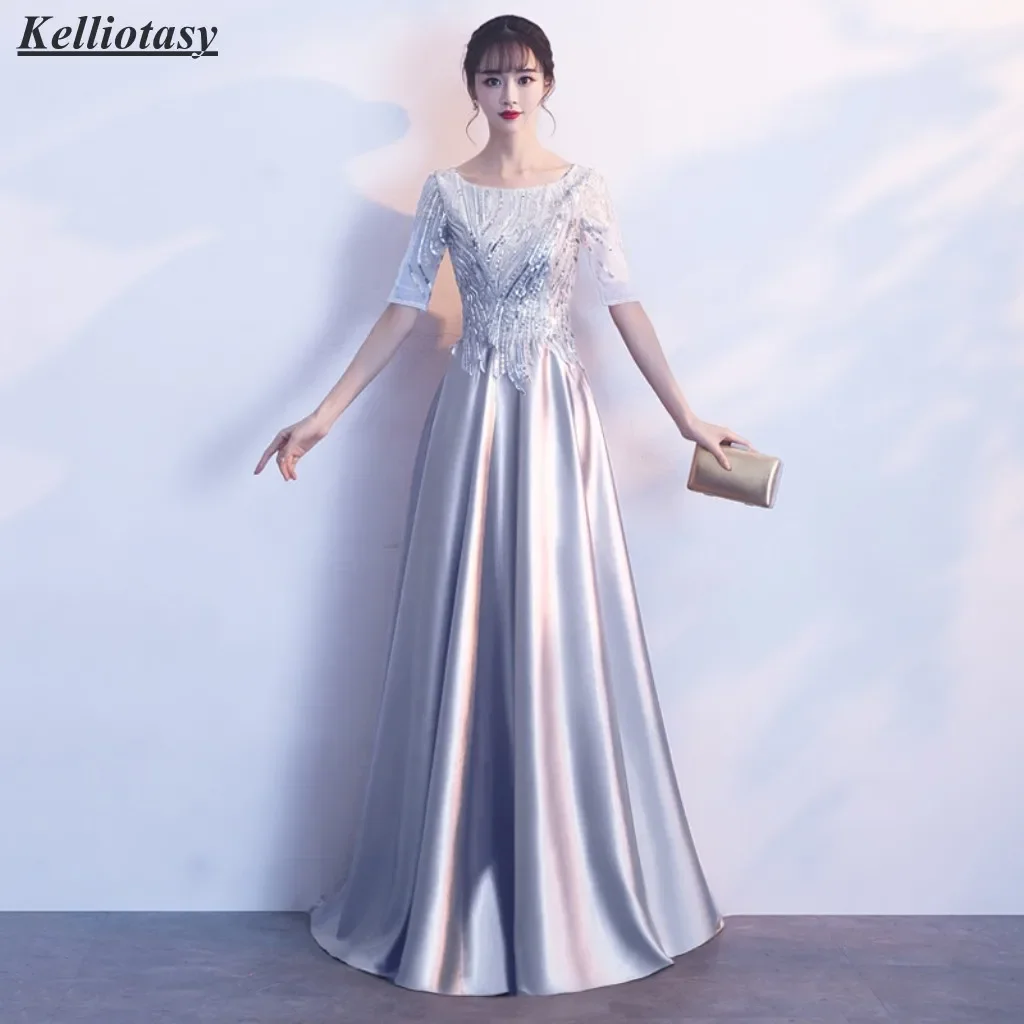 Cusotmized Silver Mother Of the Bride Dresses For Weddings Round Neck Aline Charming Lady Occasion Dress With Sleeves XXHS003