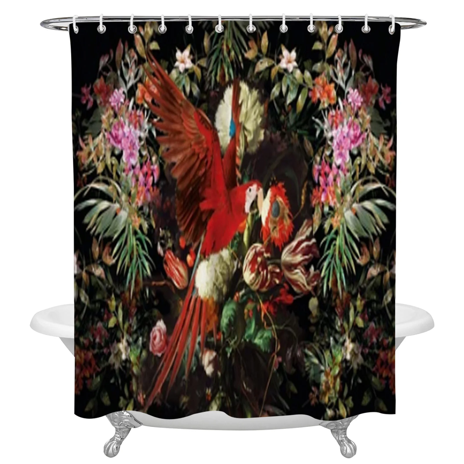 Red Parrot Flowers On Black Background Shower Curtain Waterproof Polyester Bath Curtain Home Decor Bathroom Accessory Curtain