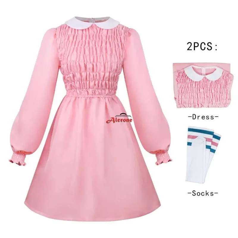 Stranger Cos Superpower Girl Costume Millie Bobby Brown Pink Dress Halloween Carnival Outfits