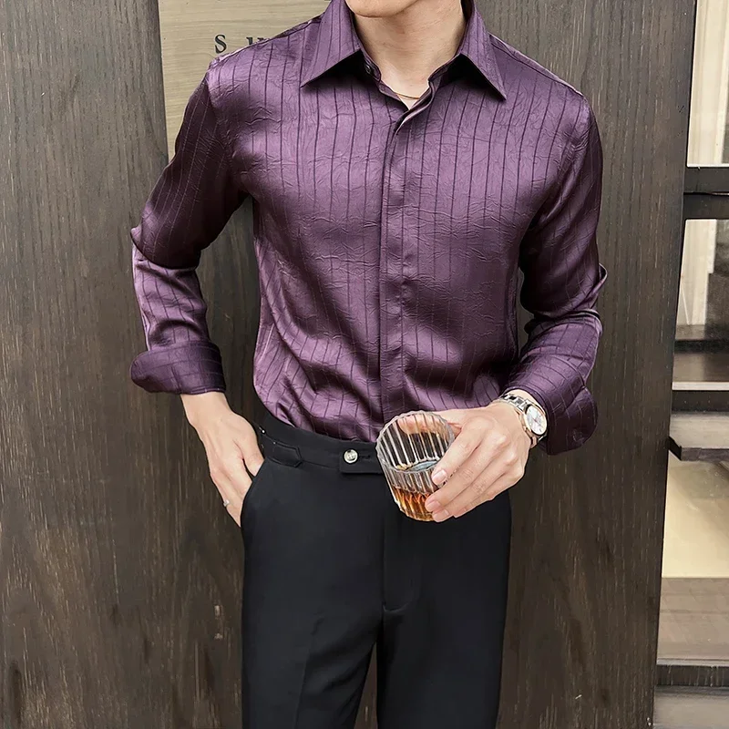 

Autumn New Fold Stripes Long Sleeve Shirts Men High Quality Slim Fit Casual Business Prom Tuxedo Shirts Male Clothing