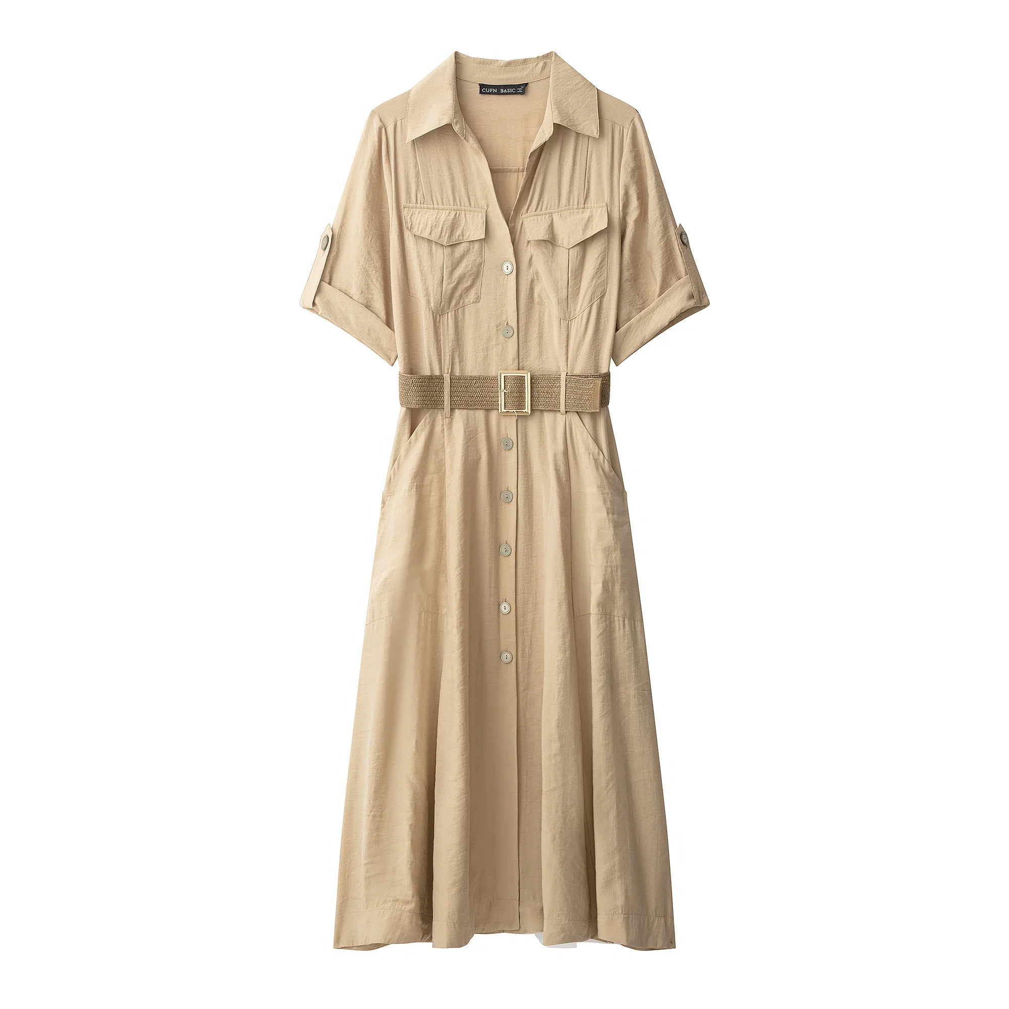New Fashion Women French Khaki Cargo Shirt Dress Short Sleeves High Waist with Belt Female Chic Lady Commuter Midi Dress