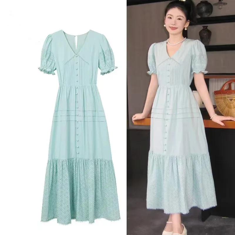 

High Quality Women Summer Embroidery Sweet Turn Down Collar Puff Sleeve Casual Party Holiday Hollow Out Long Dresses