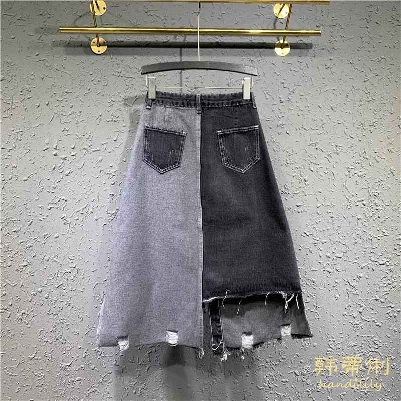 Spring 2024 New Style Personalized Irregular Ripped Denim Skirt Single-Breasted Contrast Color Skirt Split Midi Skirt Women