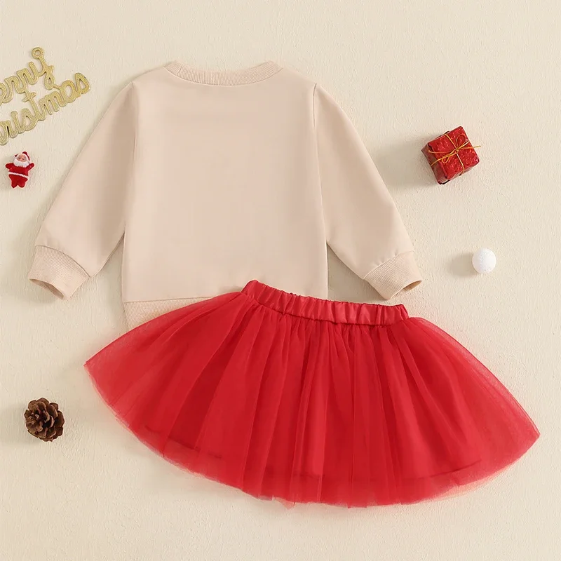 Baby Girls 2Pcs Christmas Outfits Long Sleeve Letter Embroidery Sweatshirt + Tulle Skirt Set Children\'s Clothing