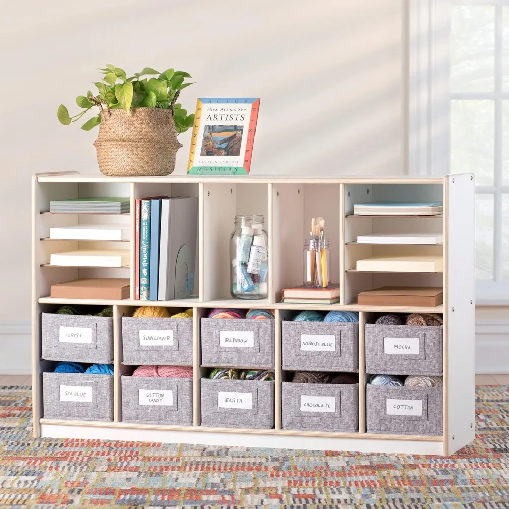 EdQ Shelves and 10 Bin Storage Unit- White: Display Shelf Storage Organizer for Home, School and Office; Wooden Book Cubby and
