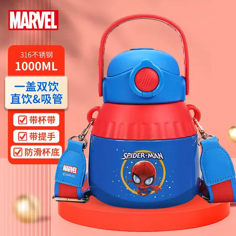 

1000ML Disney Spider-Man Elsa Strawberry Bear Straw Thermos Cup Children's 316 Stainless Steel Diagonal Big Belly Water Cup Gift