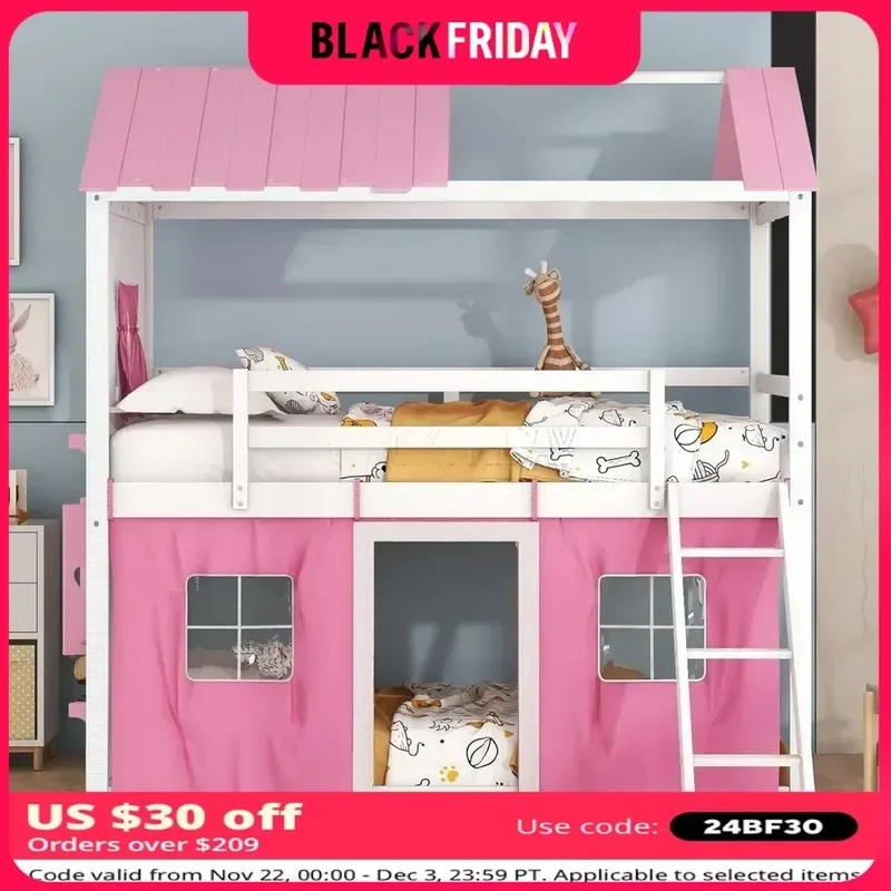 

Twin Loft Bunk Bed with Tent, Features Ladders, Guardrails, Windows, and Roof, Wooden Twin Over Twin Design for Kids