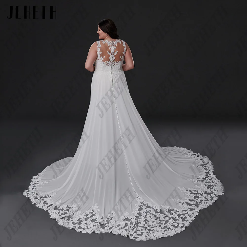 JEHETH Elegant Wedding Dresses For Woman Sleeveless Illusion Back Bride Gowns O-Neck Chiffon A-Line Applique vestidos de novia