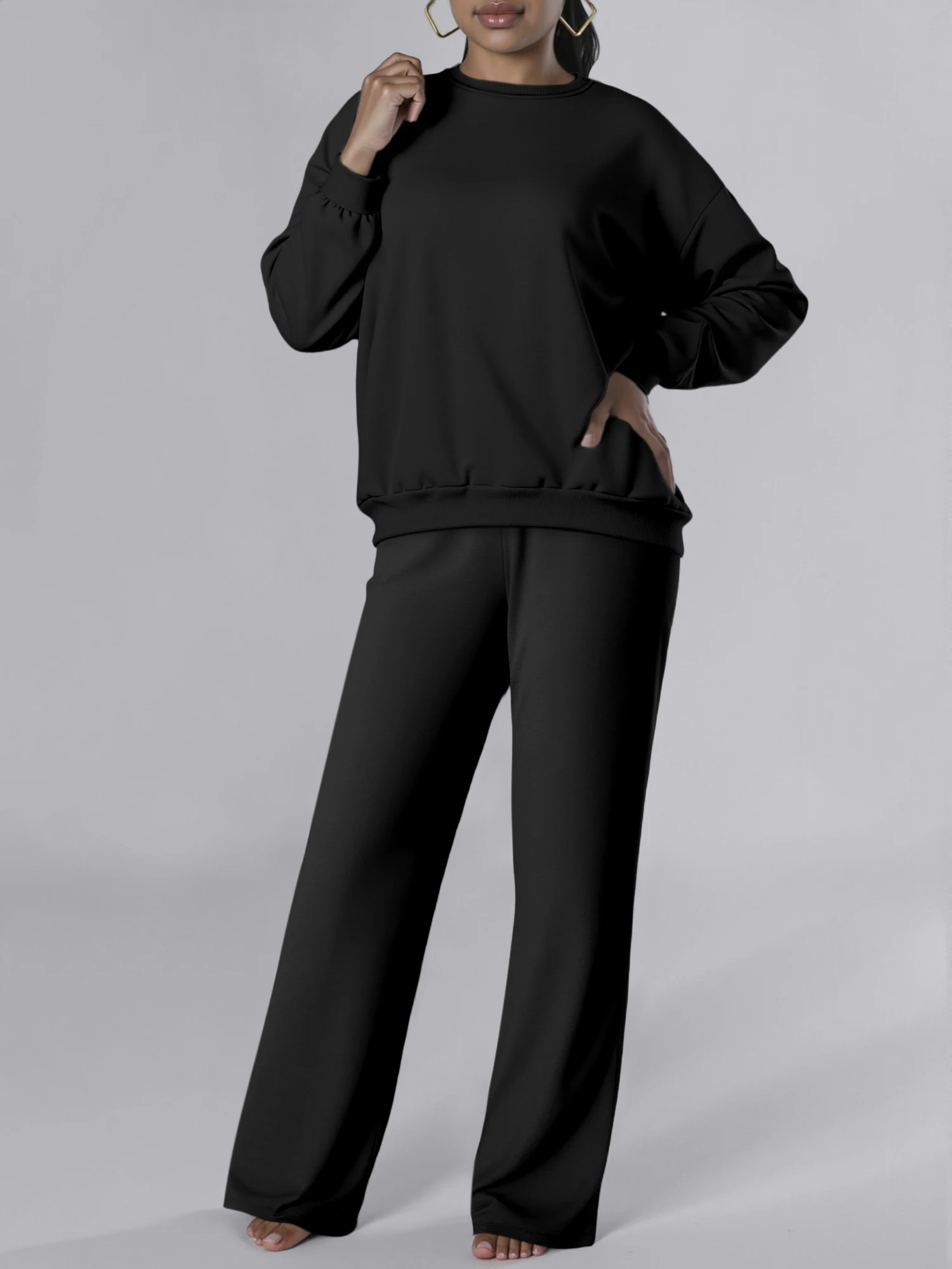 

New Arrival Women Loungewear Set, Crew Neck Sweatshirt & Wide Leg Pants, Loose Casual Tracksuit For Daily