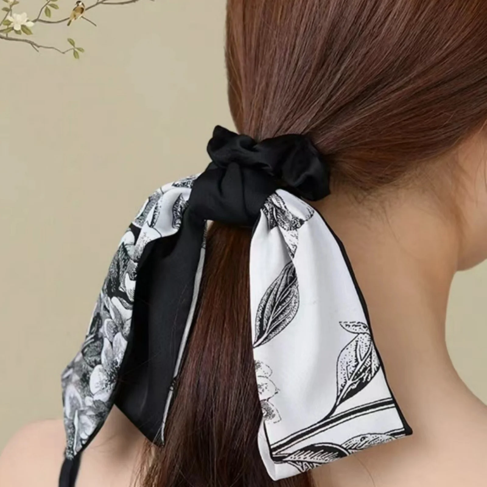 Pañuelo de seda Retro francés, lazo para el pelo con cinta estampada en blanco y negro, accesorio para el cabello con temperamento elegante para peinar, Fl, 1 ud.