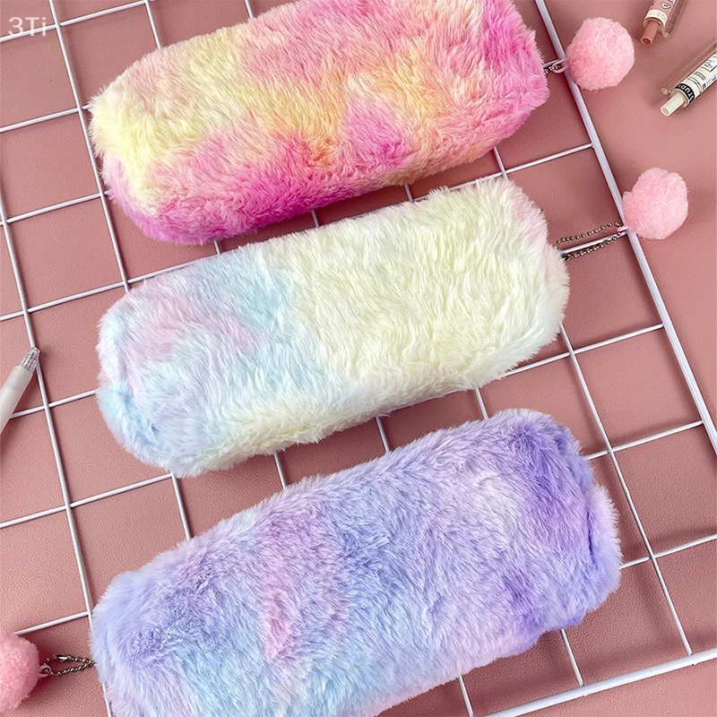 Gradient Color Plush Pencil Case Simple Large Capacity Stationery Storage Bag Creative Pen Pouch Makeup Bags School Supplies