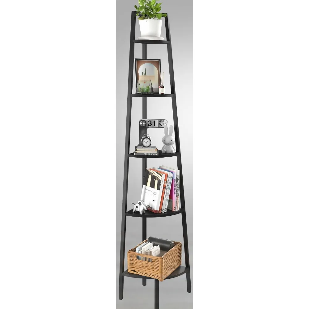 

5-уровневая угловая книжная полка с металлическим каркасом и деревянными полками — компактная полка для гостиной, спальни, офиса