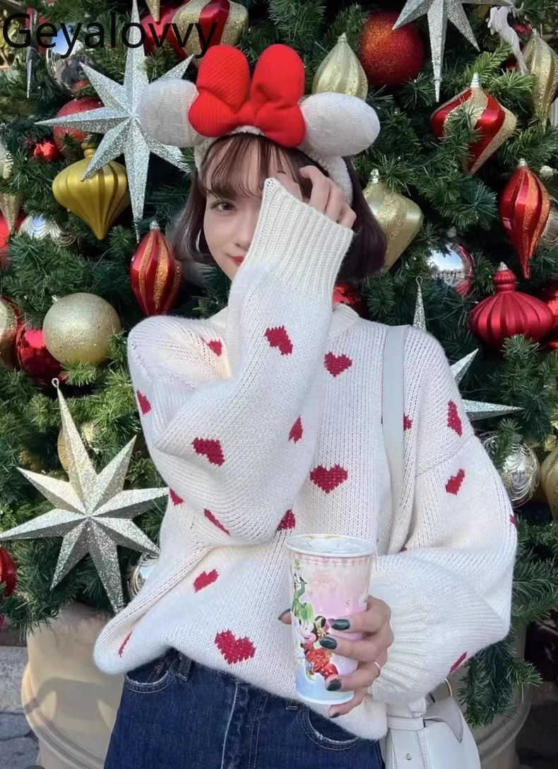 

Осень-зима, новый толстый милый жаккардовый вязаный пуловер с круглым вырезом в форме сердца, универсальный свободный свитер с рукавами-фонариками для девочек