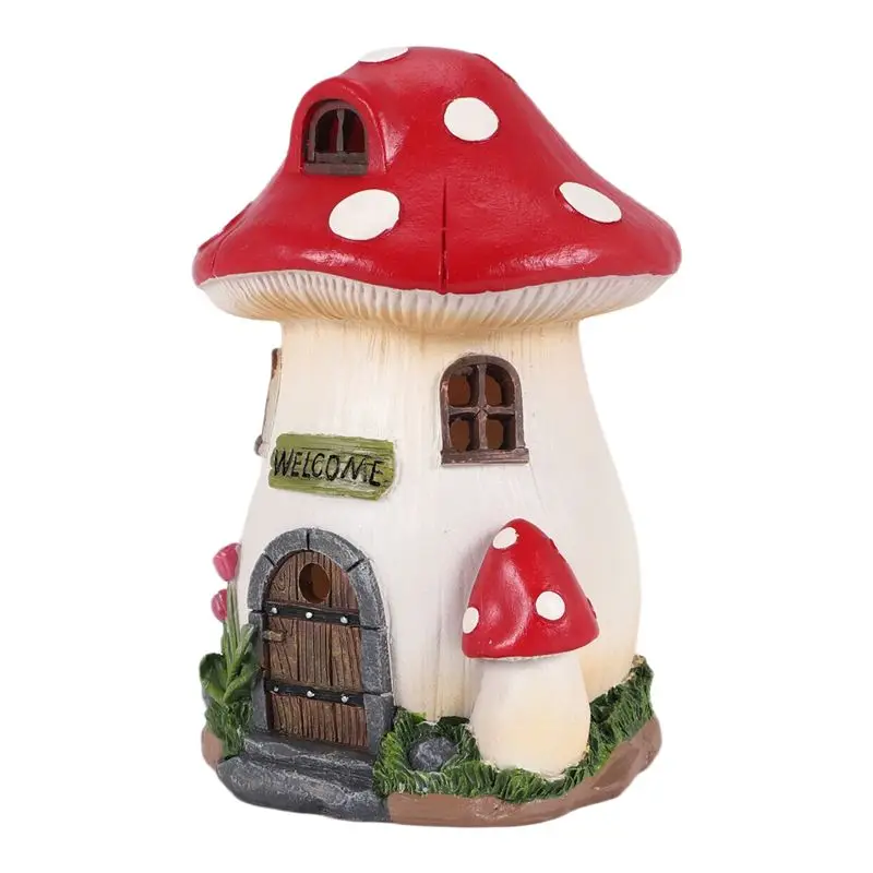 A84E-Mushroom House Solar Lamp Resin Craft Gardening Garden Miniature Fairy Landscape House Decoration Ornament