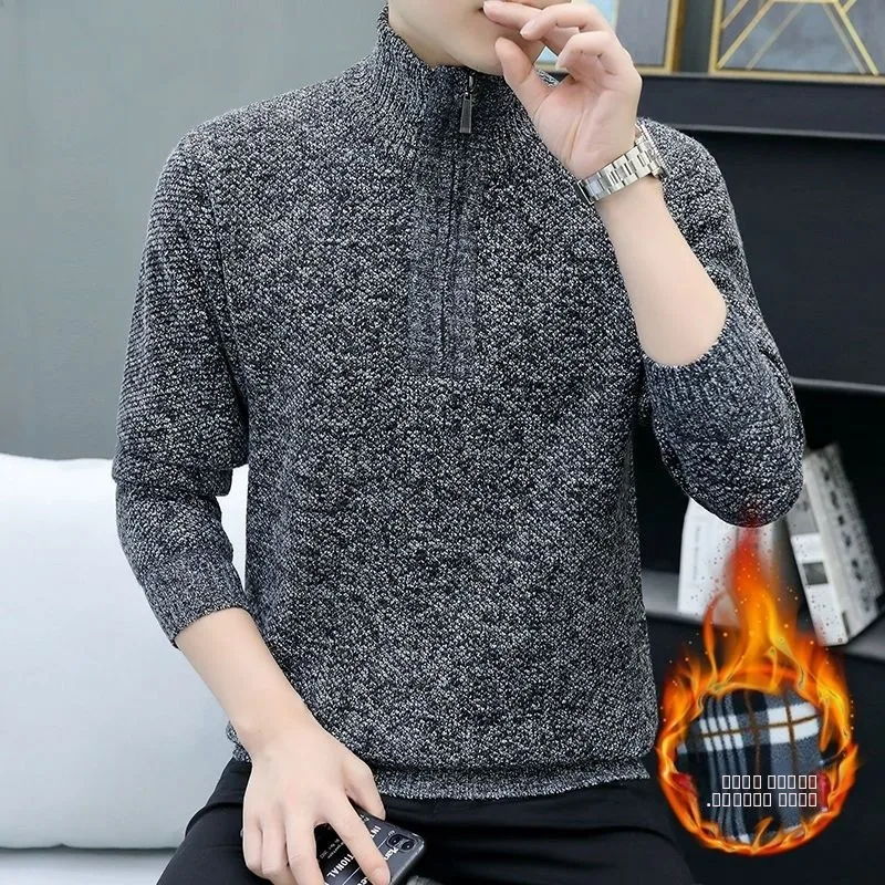 

Thiened High Collar Men's Knitted Sweater Faionable Casual Sle Fce Lined Slim Fit Turn-down Collar Winter Base Layer...