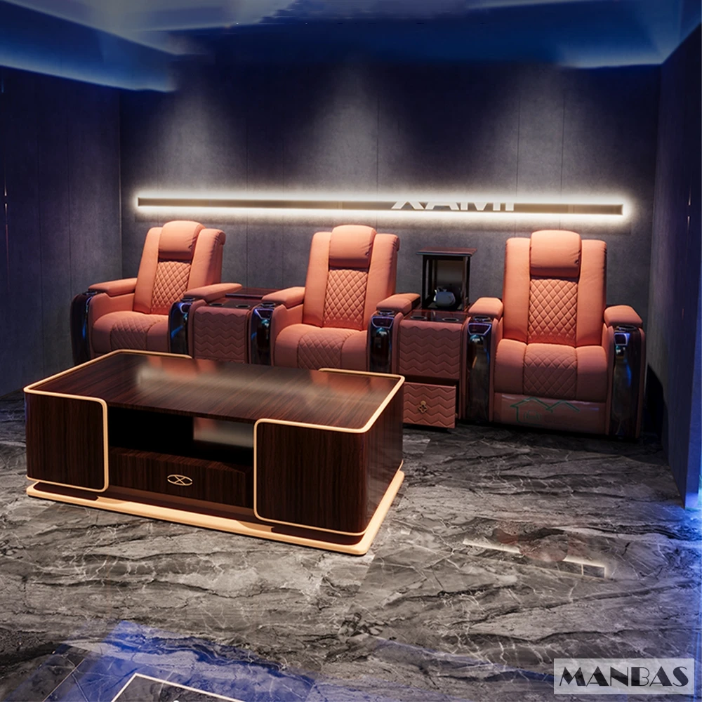 مقاعد مسرح منزلي فاخرة بمحركات مزدوجة - كراسي استرخاء من الجلد الطبيعي قابلة للتعديل مع حامل أكواب وتدليك