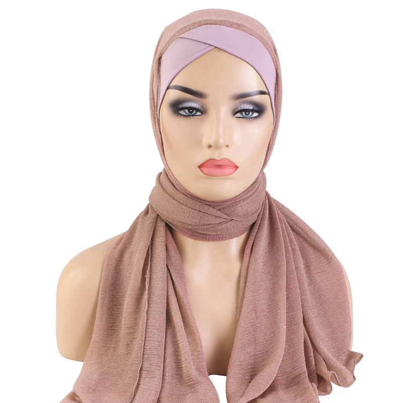 Muslim Women's Hijab Strapped Long Headscarf Forhead Cross Solid Color Comfortable Pull On Women's Shawl Middle Eastern Hijab