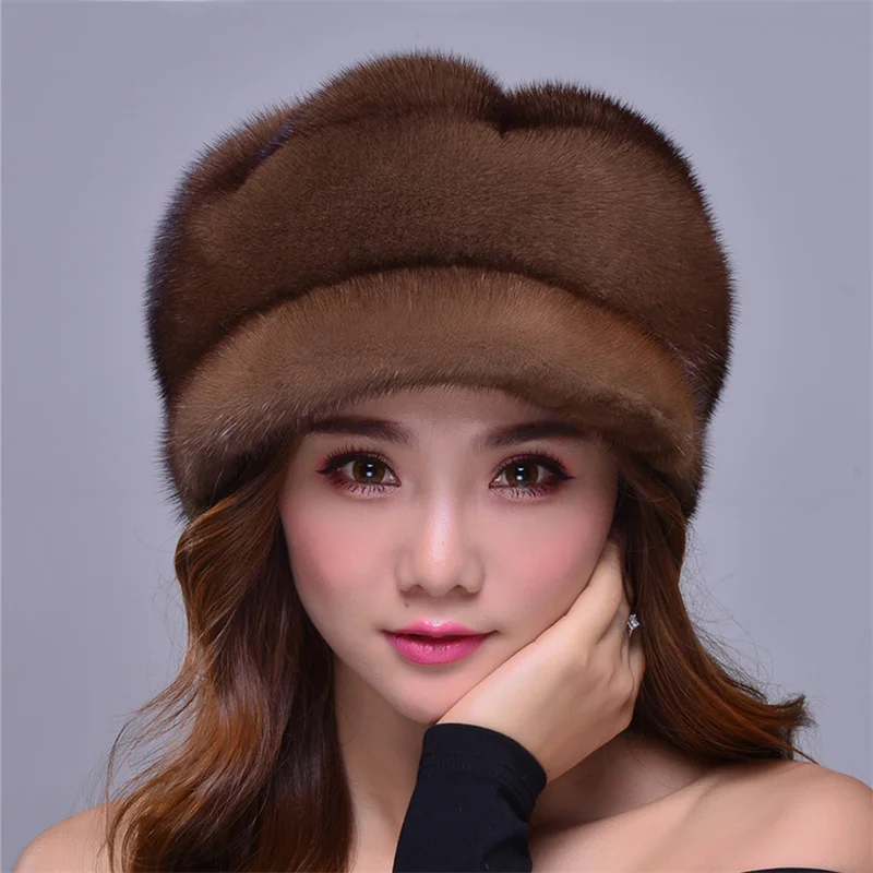 Women\'s Winter New Fur Hat Luxury Natural Mink Fur Warm Hat Fashionable Big Elastic Soft Thickened Windproof Fur Hat