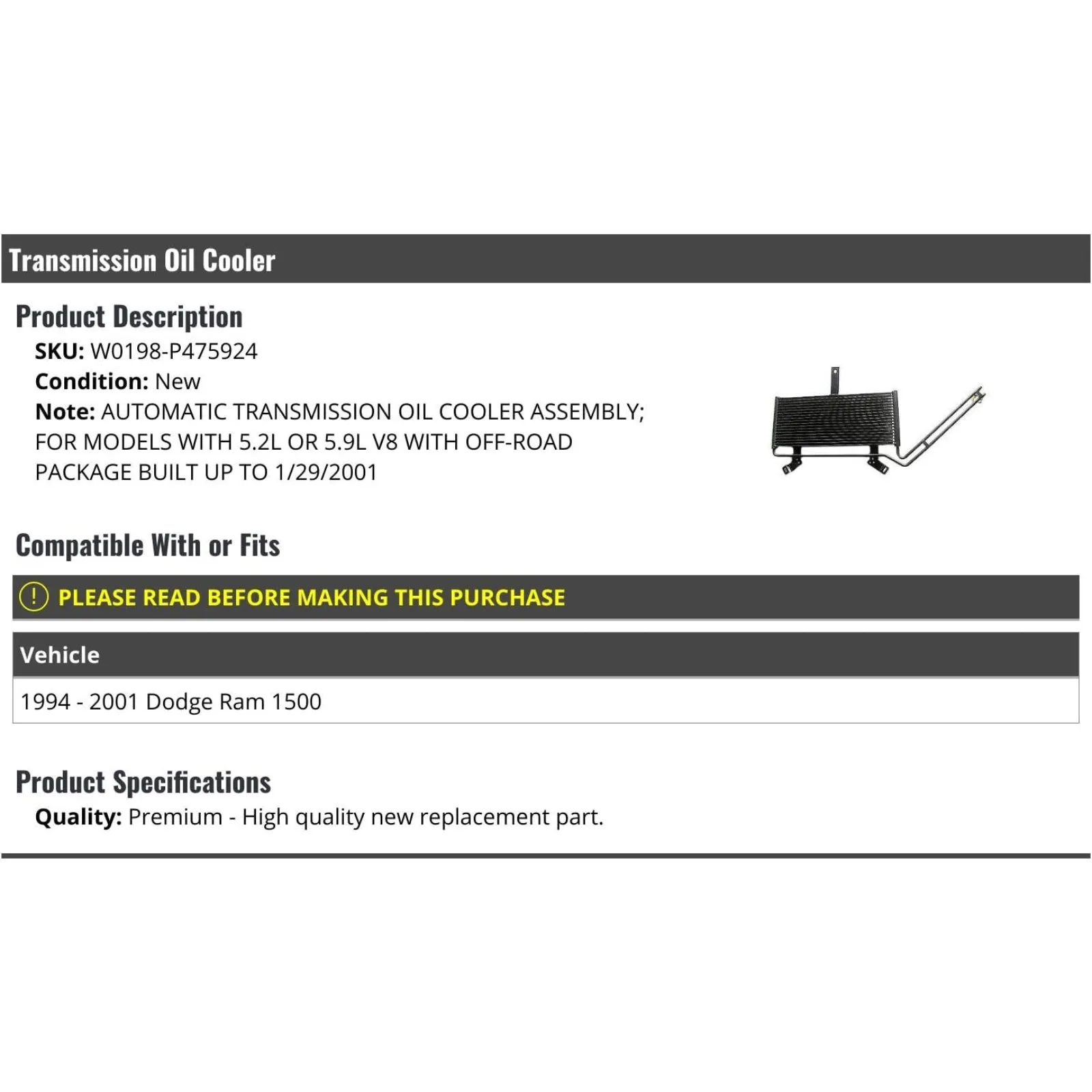 US  Automatic Transmission Oil Cooler Assembly - Compatible with 1994-2001 Dodge Ram 1500 5.2L 5.9L V8 with Offroad Package