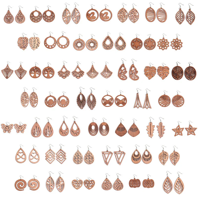 36 Styles Vintage Geometric Engraved Wooden Drop Earrings for Women Brown Color Leaf Round Butterfly Heart Jewelry Wholesale