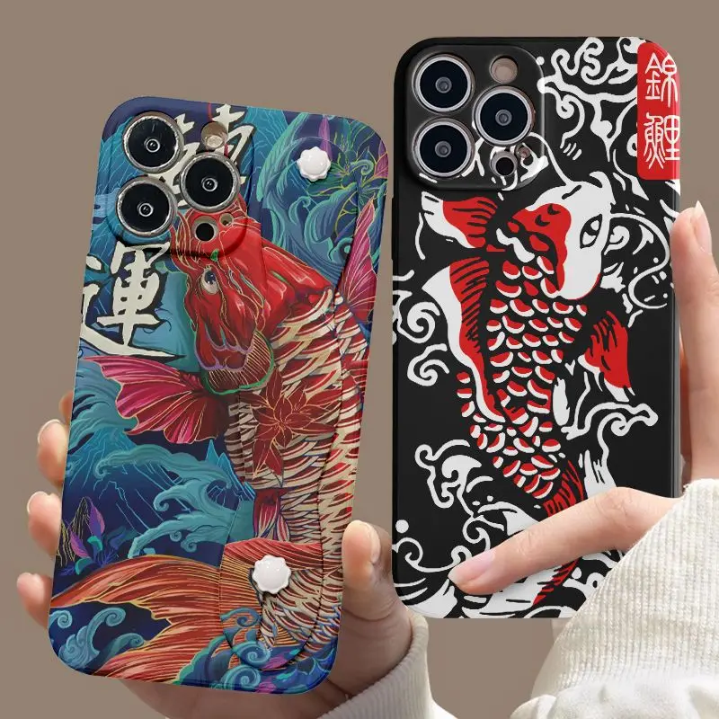 For Chinese Style IPhone 14promax Phone Case Iphone 13 Lucky Koi 12 Full Pack Silicone 11 Wrist Strap Holder