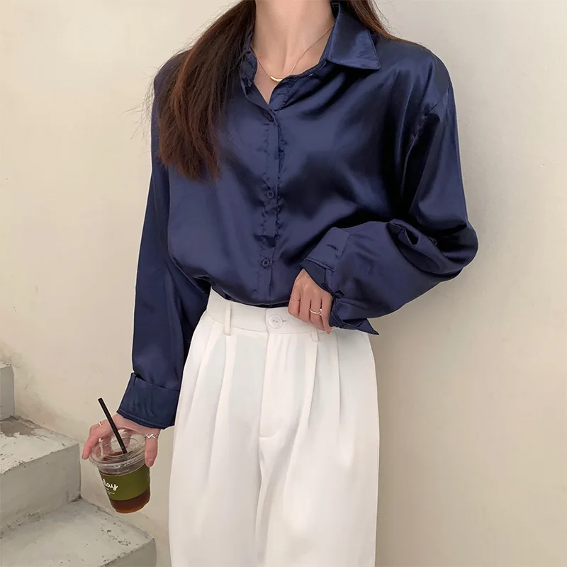 Vintage Loose Satin Blouse Women Long Sleeve Green Silk Shirt Women Fashion 2022 Casual Office Lady Oversized Blouses Tops 21494