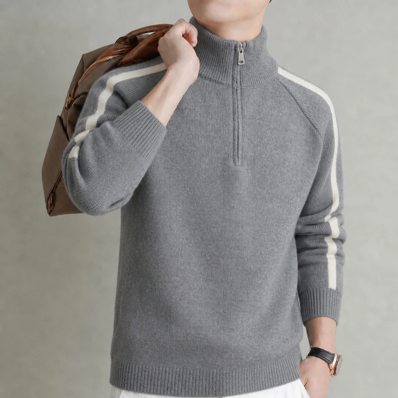 High End Men's Sweater Fashion Simple Casual Winter New Striped Luxury Brand Zipper Semi High Neck Design Comfort Knit Pullover