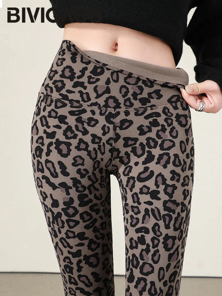 BIVIGAOS New Autumn Winter Thin Velvet Fashion Leopard Sharkskin Leggings Women High Waisted Sexy Slim Tight Warm Leggings