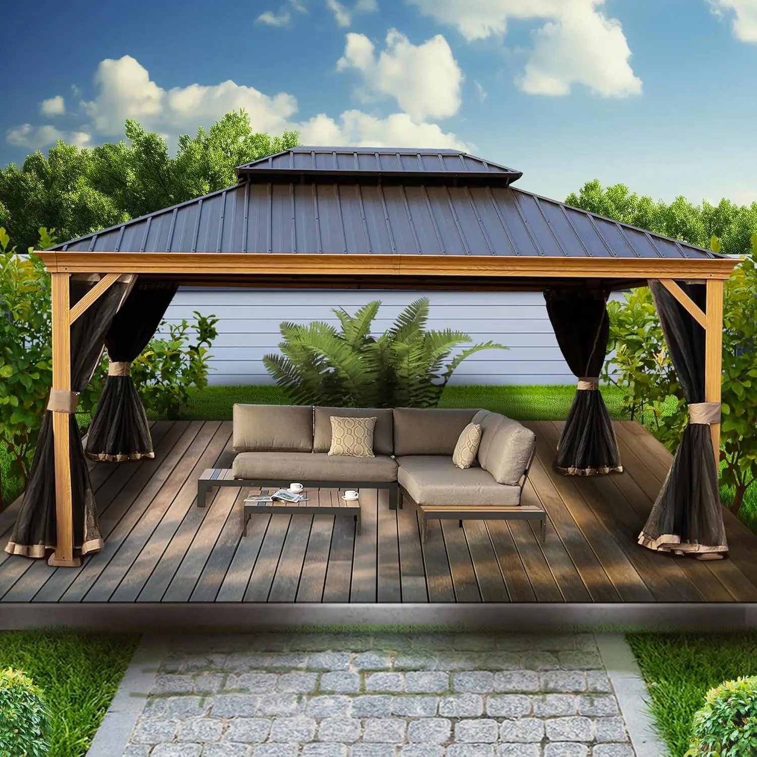 Apollo 12’x16’ Hardtop Gazebo, Wooden Coated Aluminum Frame Canopy with Galvanized Steel Double Roof, Outdoor Permanent