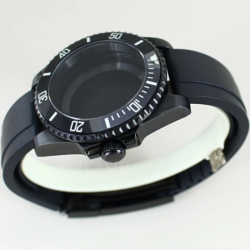 Black PVD 40mm Mechanical Watch Case Rubber Watchband For Seiko NH35 NH36 NH38/34 Miyota 8215 ETA 2824 Movement 28.5mm Dial SUB