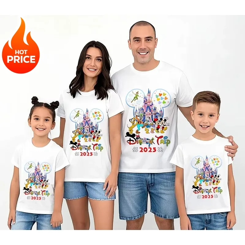 

Disney Travel Mickey and His Friends 2025 Printed T-shirt for Parents Children Short Sleeves Suitable for Casual Family Wear