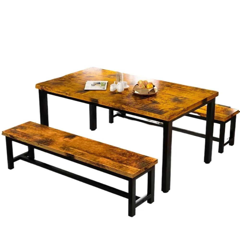 Juego de mesa de comedor para restaurante, conjunto de cocina con 2 bancos, 43,3x23,6x28,5 pulgadas, 38,5x11,8x17,5, color marrón industrial