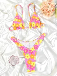 Bikini con lazos florales para mujer, traje de baño de 2 piezas con estampado Floral, microtangas, Sexy, ropa de playa triangular, 2024