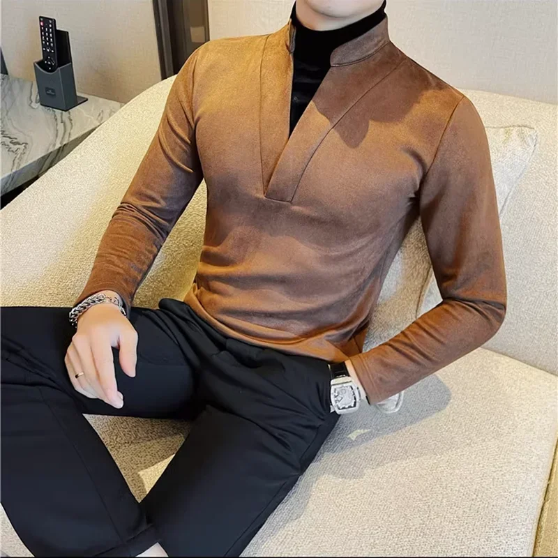 

Fashion Fake Two Long Sleeved T-shirts 2024 Autumn Winter New Solid Color Business Slim Fit Casual Tees Men Clothing 4XL-M