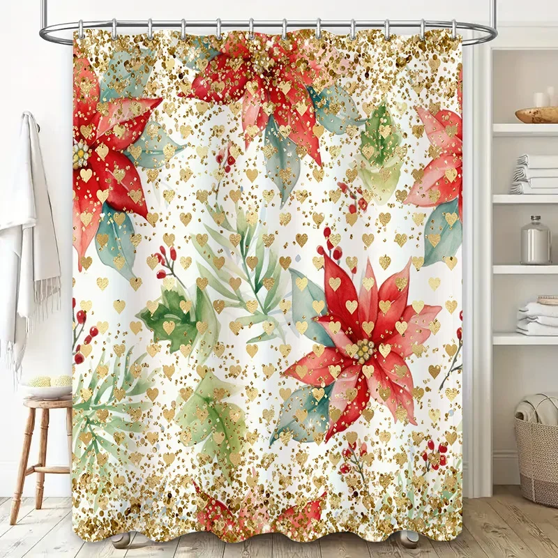 

Акварельные рождественские цветы занавеска для душа красный зеленый золотой цветочный декоративный коврик для ванной комнаты водонепроницаемый моющийся современный дом De