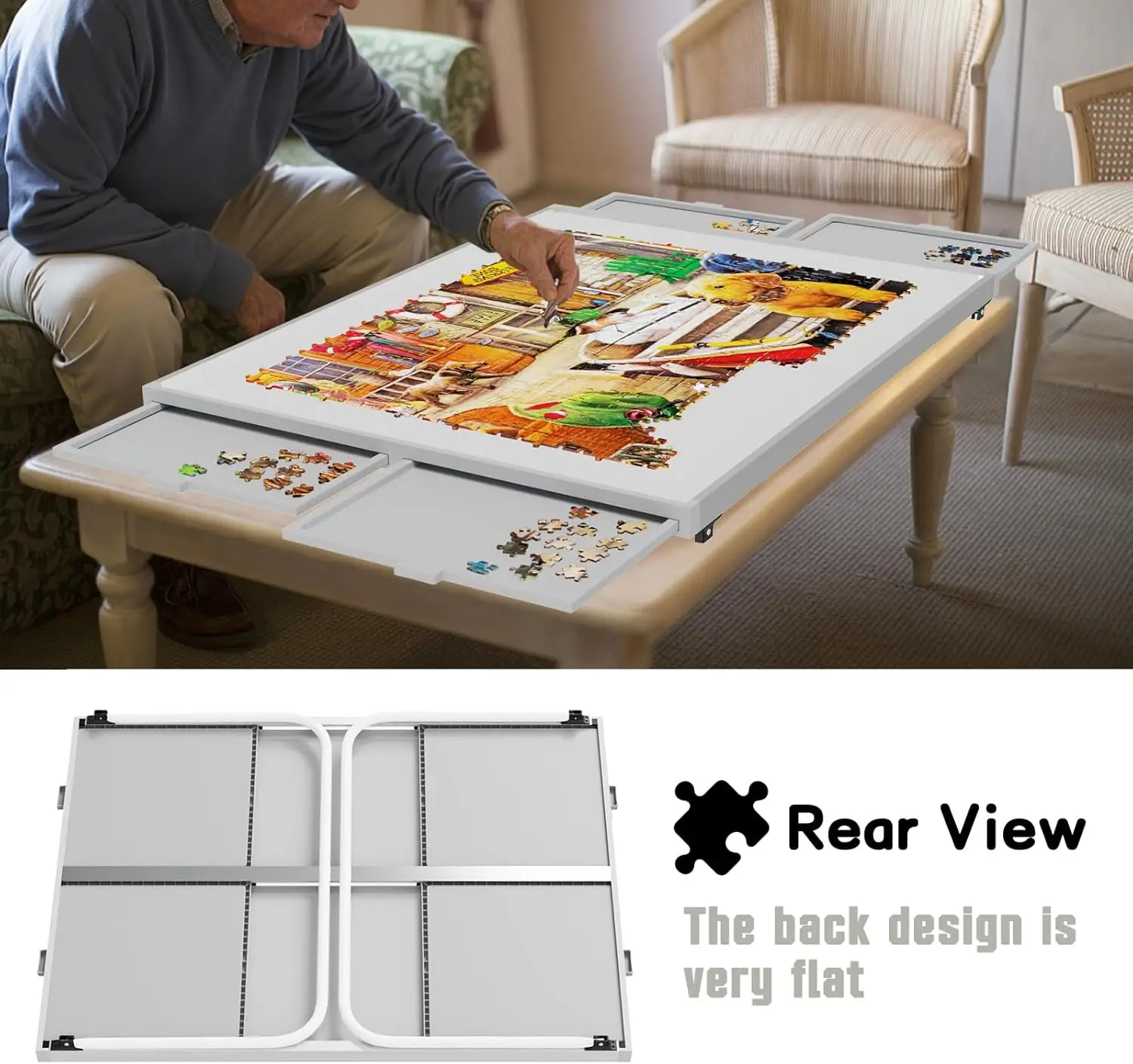 Puzzeltafel 1500-delig, puzzeltafel van metaal met laden, puzzelbord met poten, grijze en witte kleur, puzzeltafels voor advertentie
