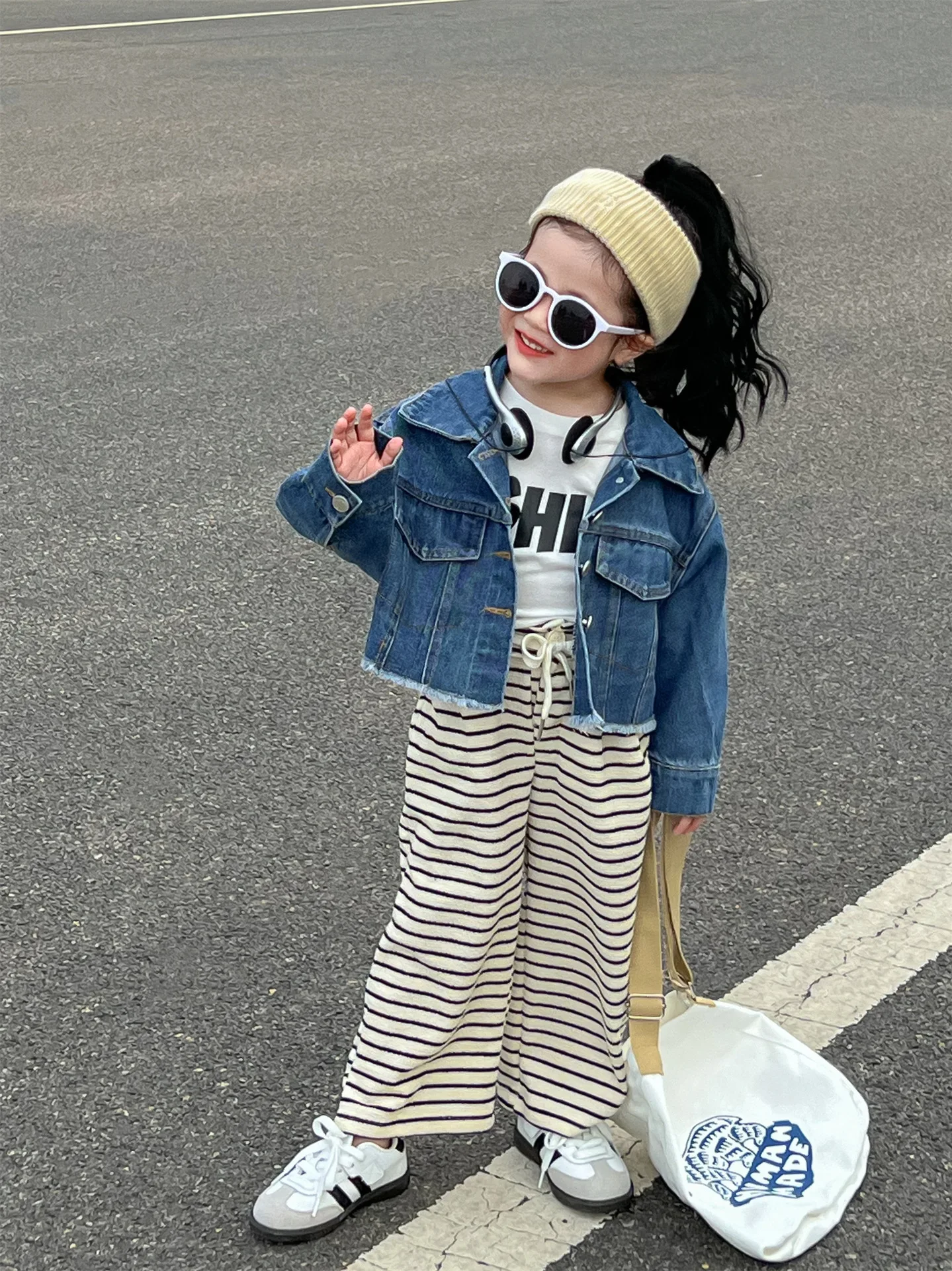 2024 Spring New Korean Version Children Clothing Girl Fashionable Short Denim Shirt Baby Fur Edge Single Breasted Jacket